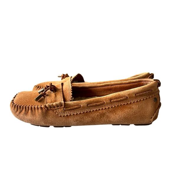 UGG 7.5 Suede Roni Moccasian Driving Loafers Shearling Wool Slippers Shoes Brown - Picture 3 of 9